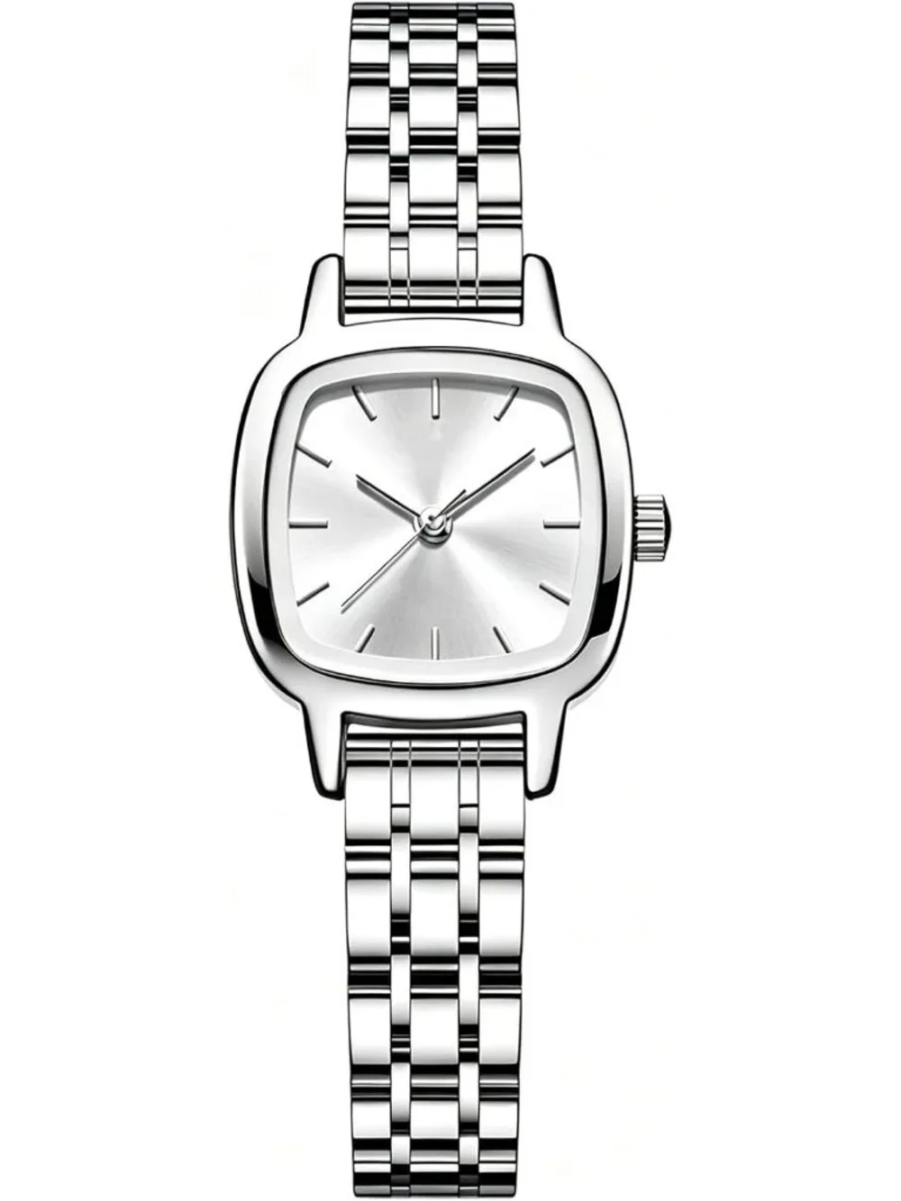 Women's Silver White Steel Strap Casual Fashion Simple Square Quartz Wrist Watch